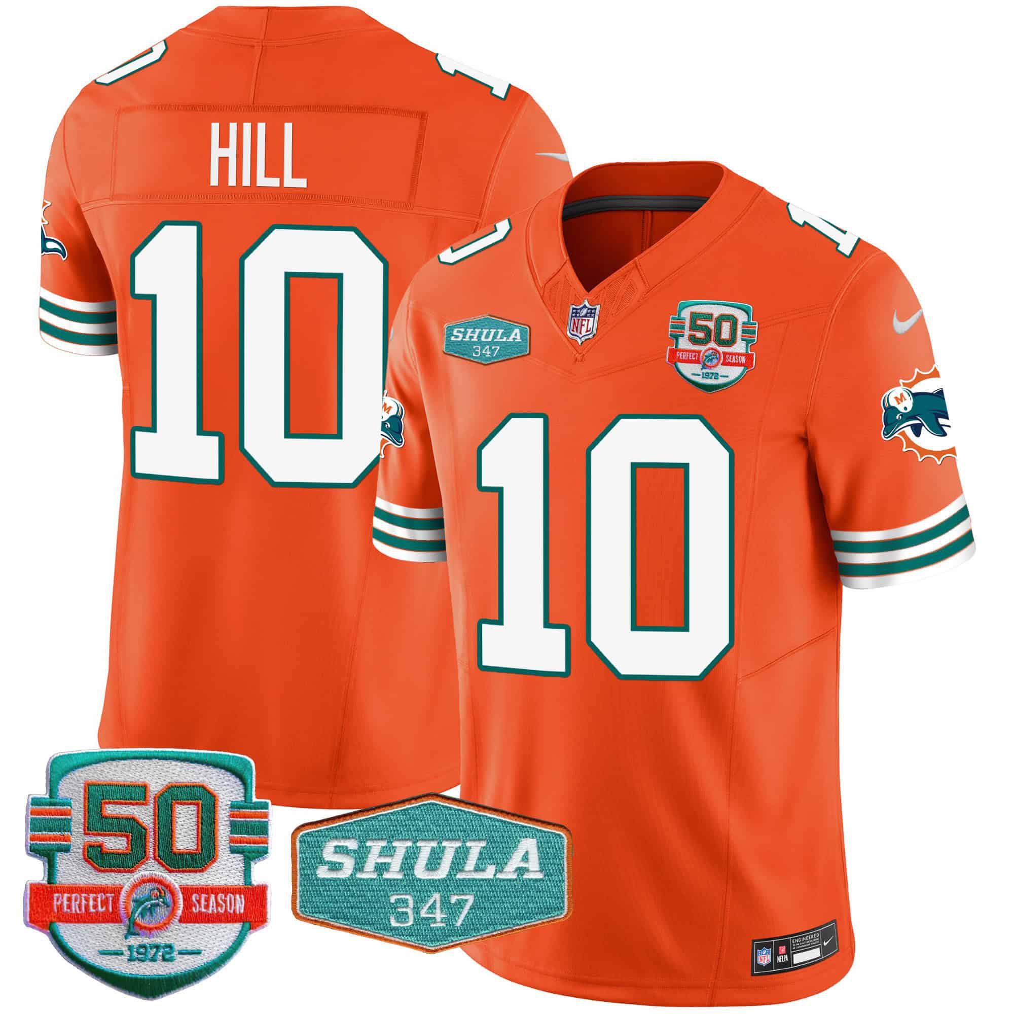 Men Miami Dolphins 10 Hill Orange 2024 Nike Throwback Shula 347 Patch Vapor NFL Jersey